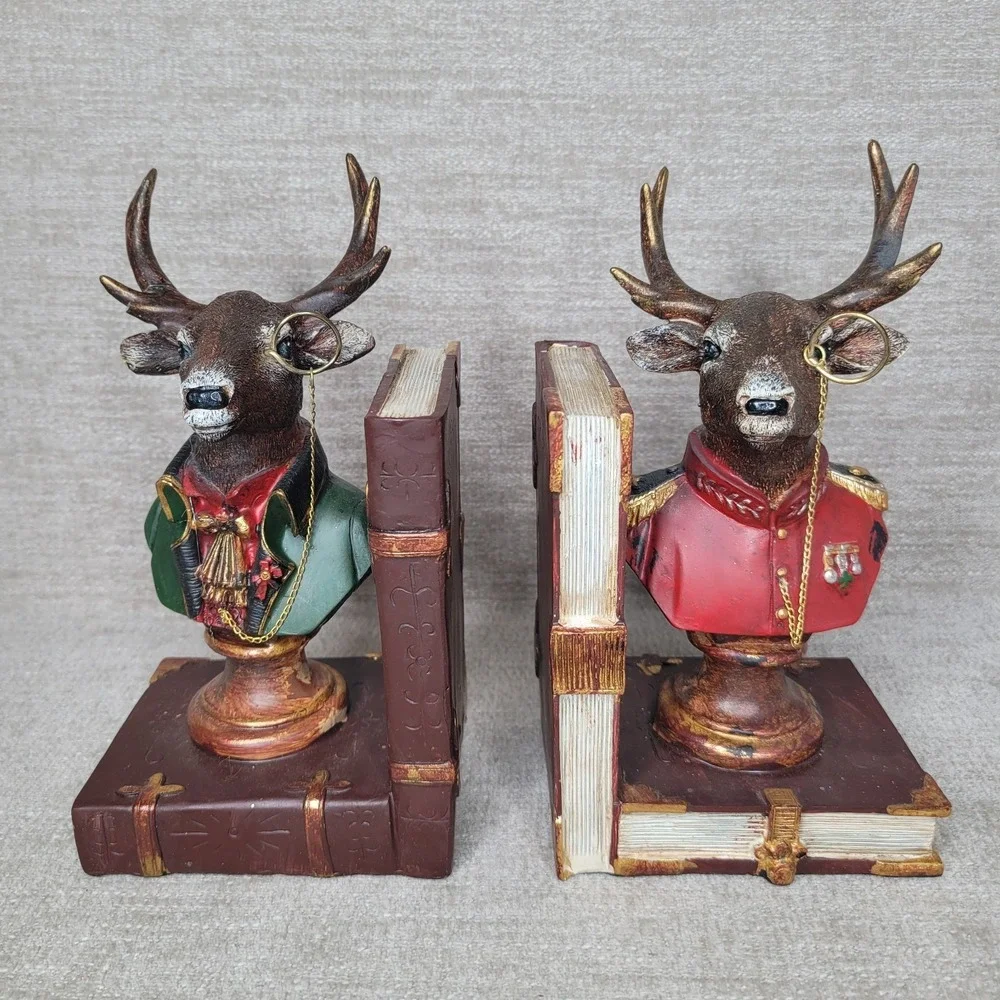 Noble Bookend Set of 2 Stag Deer Busts in Uniform with Monocle Glass Whimsy